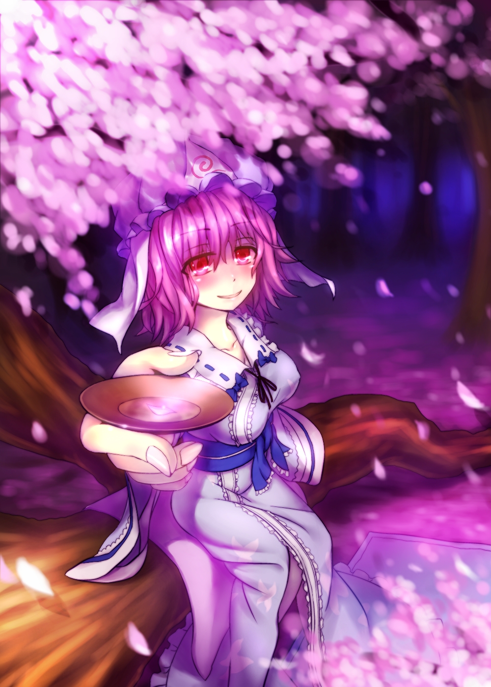 breasts, cherry_blossoms, go_sai_(475789336), highres, japanese_clothes, obi, petals, pink_hair