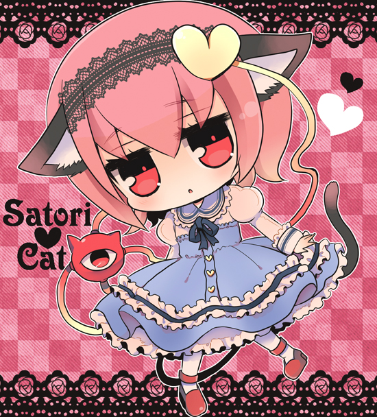 animal_ears, bad_id, cat_ears, cat_tail, checkered, checkered_background, dress, hairband