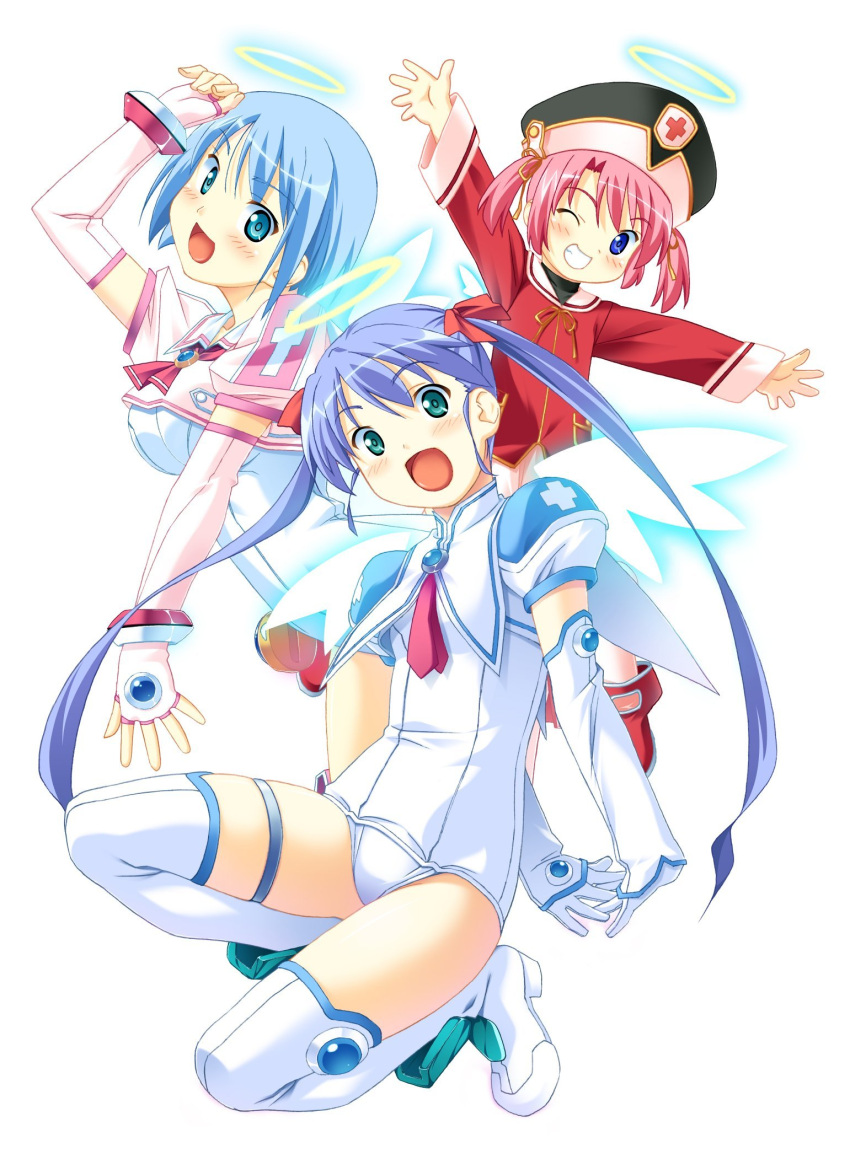 :d, angel, aqua_eyes, arm_up, arms_behind_back, blue_eyes, blue_hair, blush