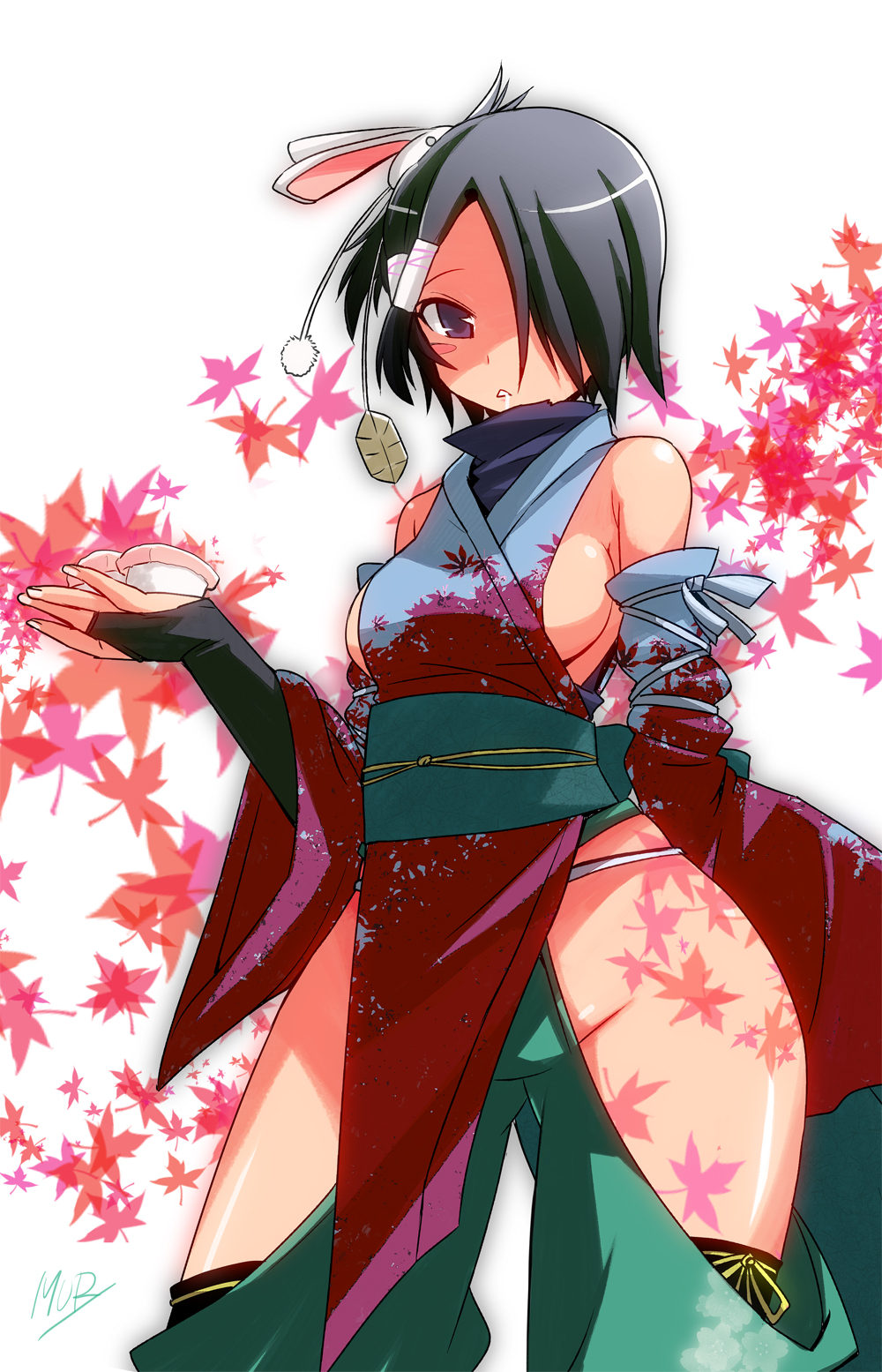 :<, bare_shoulders, black_eyes, black_hair, blush_stickers, breasts, bridal_gauntlets, detached_sleeves