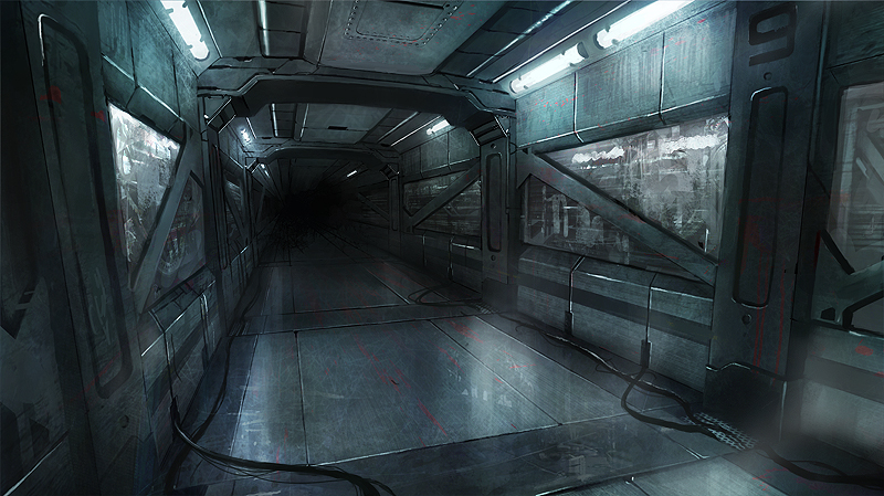 corridor, fluorescent_lamp, no_humans, original, reflective_floor, scenery, science_fiction, seafh
