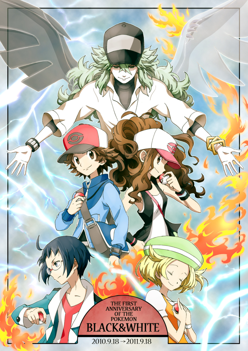3boys, anniversary, bag, bel_(pokemon), beret, black_hair, blonde_hair, brown_hair