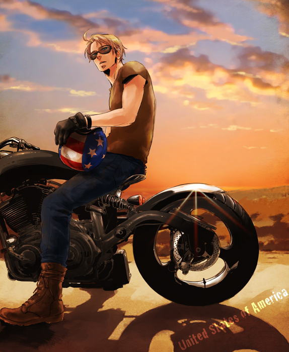 ahoge, america_(hetalia), axis_powers_hetalia, blonde_hair, boots, casual, character_name, cloud, clouds, gloves, helmet, jeans, kisaragi_manami, male, motor_vehicle, motorcycle, sitting, sky, solo, sunglasses, sunset, vehicle