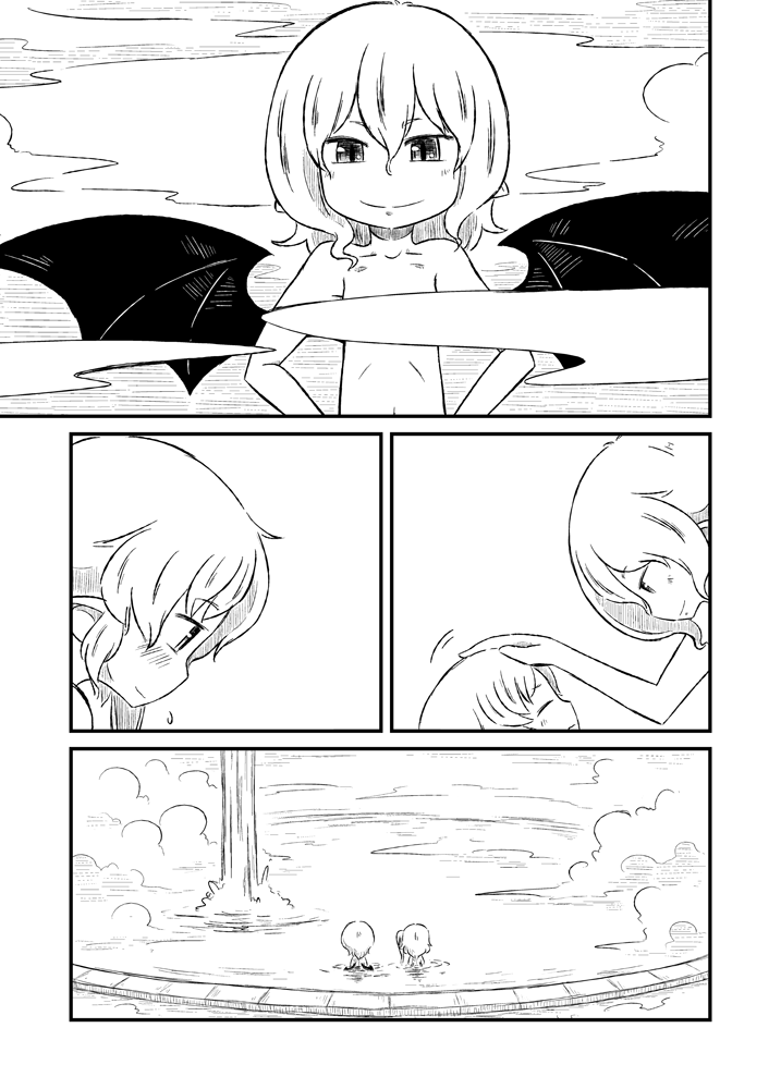 bat, bathing, censored, comic, convenient_bath_steam, convenient_censoring, flandre_scarlet, hand_on_another's_head
