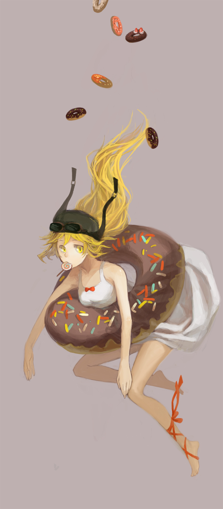 aneater, ankle_ribbon, bakemonogatari, barefoot, blonde_hair, doughnut, falling, floating_hair