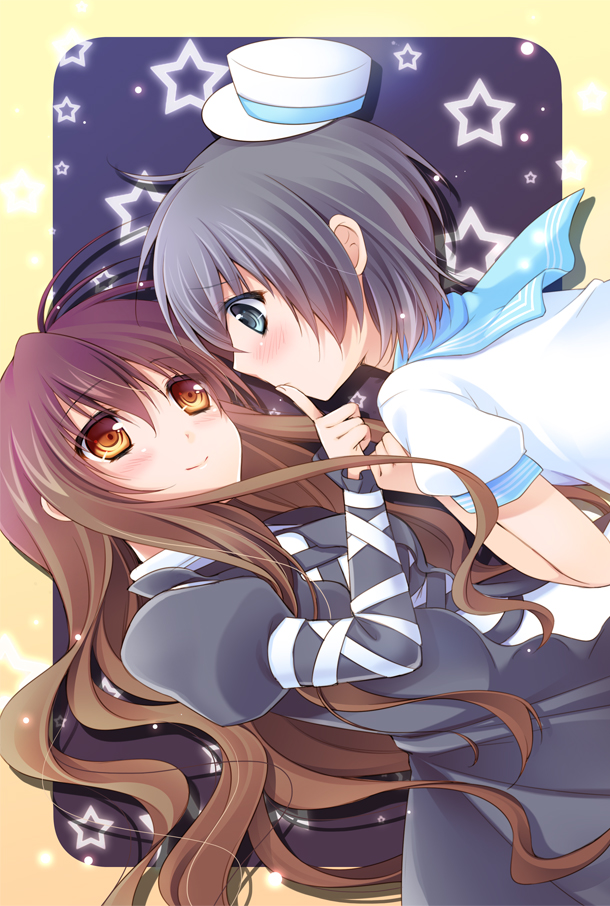 antenna_hair, black_hair, blue_background, blush, border, dress, dutch_angle, ears