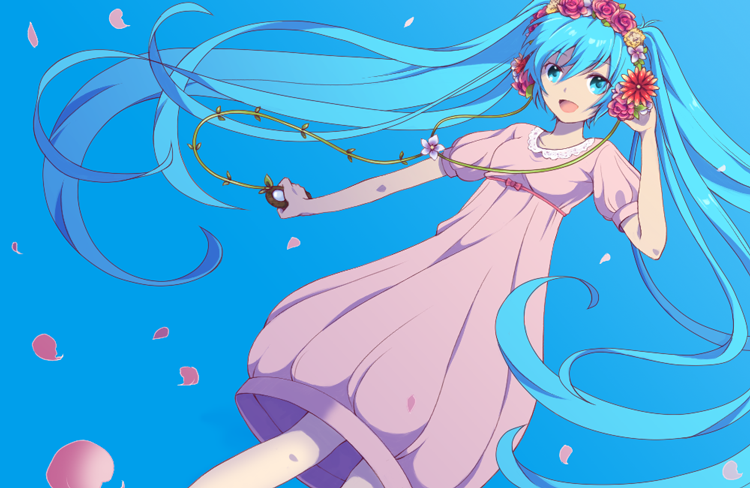 aqua_eyes, aqua_hair, dress, flower, hair_flower, hair_ornament, hand_on_headphones, hatsune_miku