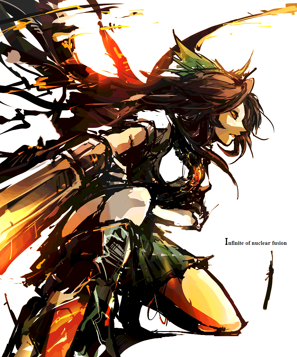 arm_cannon, brown, brown_hair, english, hair_ribbon, highres, kneeling, long_hair