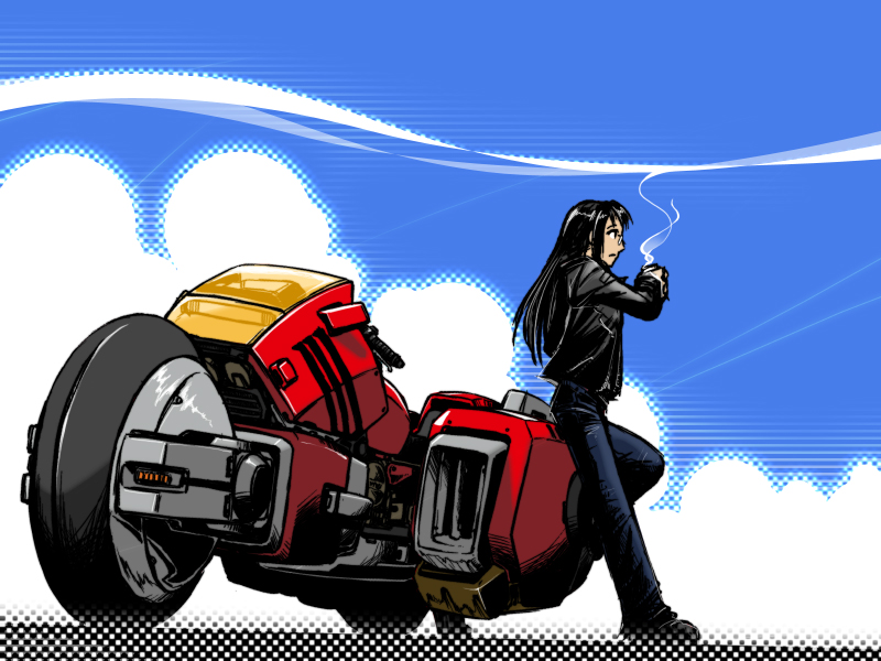 androgynous, black_hair, chocolate, cloud, clouds, coffee, cyberpunk, garland_(megazone_23), glasses, jacket, jeans, leather_jacket, long_hair, mecha, megazone_23, motor_vehicle, motorcycle, oldschool, reverse_trap, science_fiction, seena, smoke, tomboy, vehicle