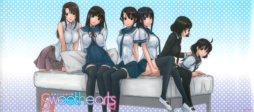 6+girls, absurdres, ahoge, arm_support, bed, black_hair, blush, breasts, highres, kisaragi_gunma, large_breasts, long_hair, looking_at_viewer, multiple_girls, necktie, parted_lips, school_uniform, short_hair, sweethearts, thighhighs, zettai_ryouiki