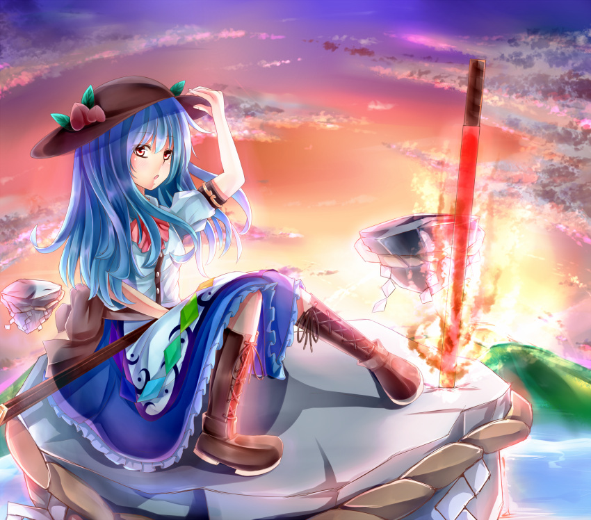 bad_id, blue_hair, blush, bow, cloud, clouds, dusk, food