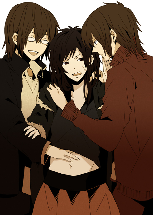 genderswap, glasses, midriff, navel, okazu, orihara_izaya, orihara_kururi, orihara_mairu