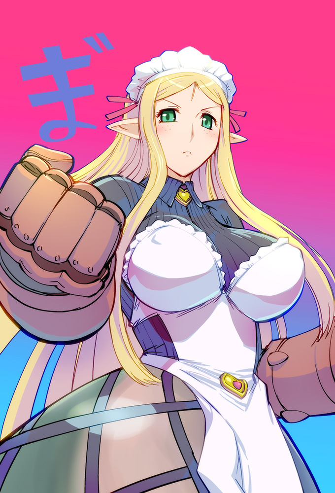 blonde_hair, blush, breasts, freckles, green_eyes, large_breasts, long_hair, maid_headdress