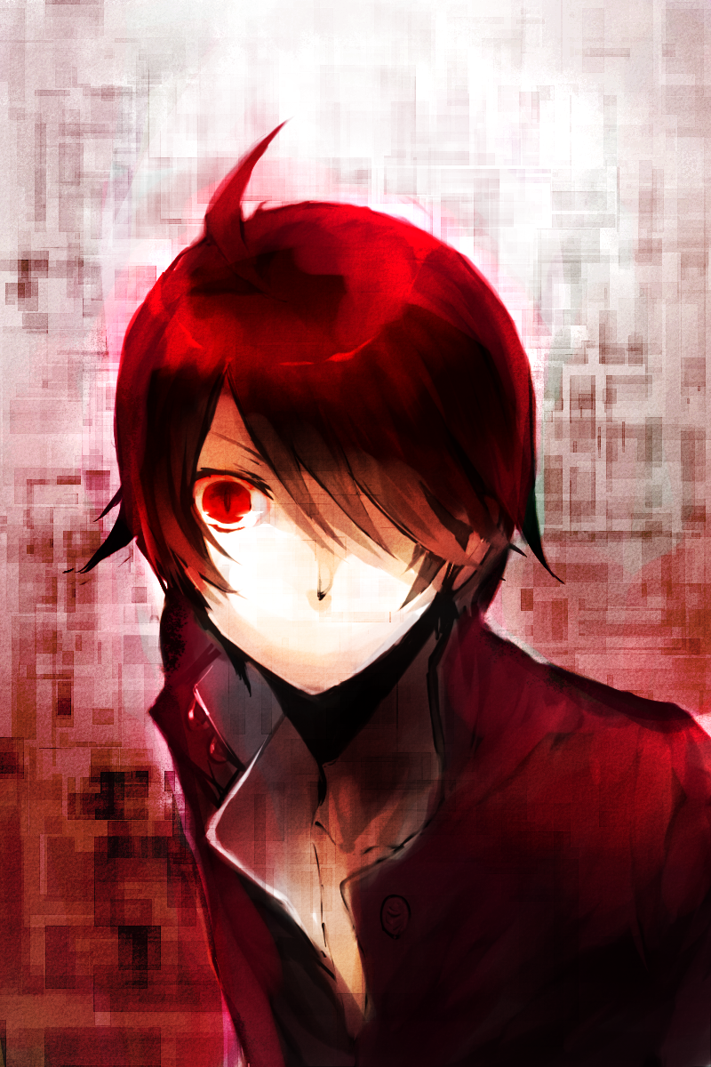 abaraya, ahoge, araragi_koyomi, black_hair, highres, monogatari_(series), red_eyes, solo
