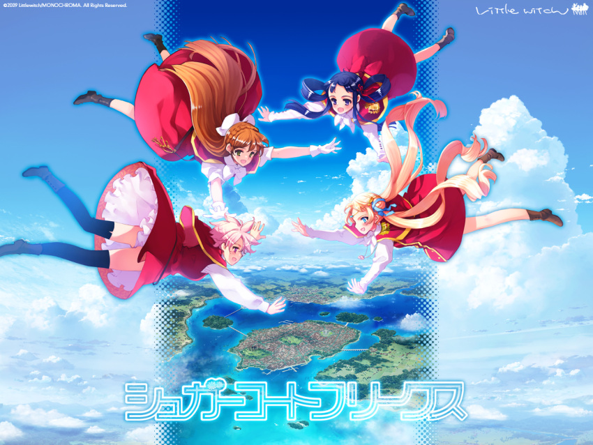 blue_hair, brown_hair, freefall, jill_gransyrto_ruritania, len, len_(sugarcoat_freaks), malie_lawland, marie_lowland, official_art, ooyari_ashito, oyari_ashito, pink_hair, school_uniform, sugarcoat_freaks, tamahime, uniform, wallpaper
