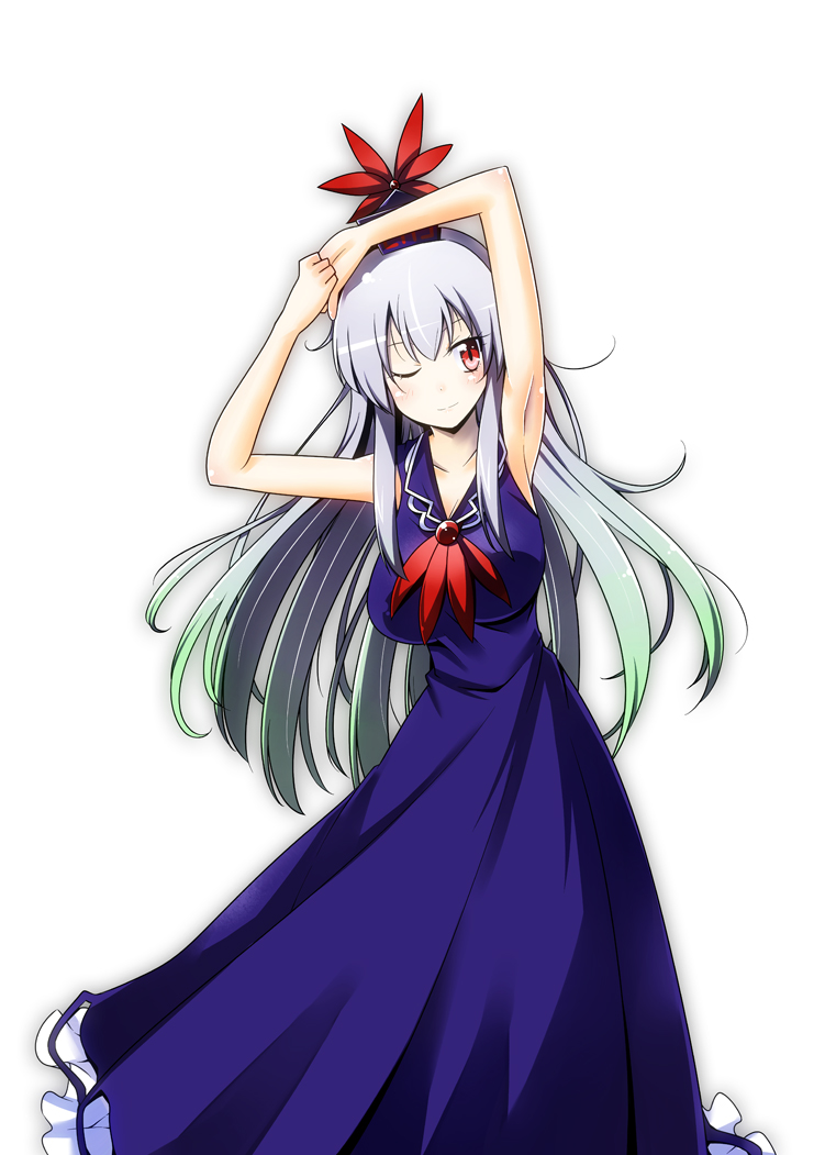 armpits, arms_above_head, arms_up, breasts, dress, gradient_hair, hat, kamishirasawa_keine