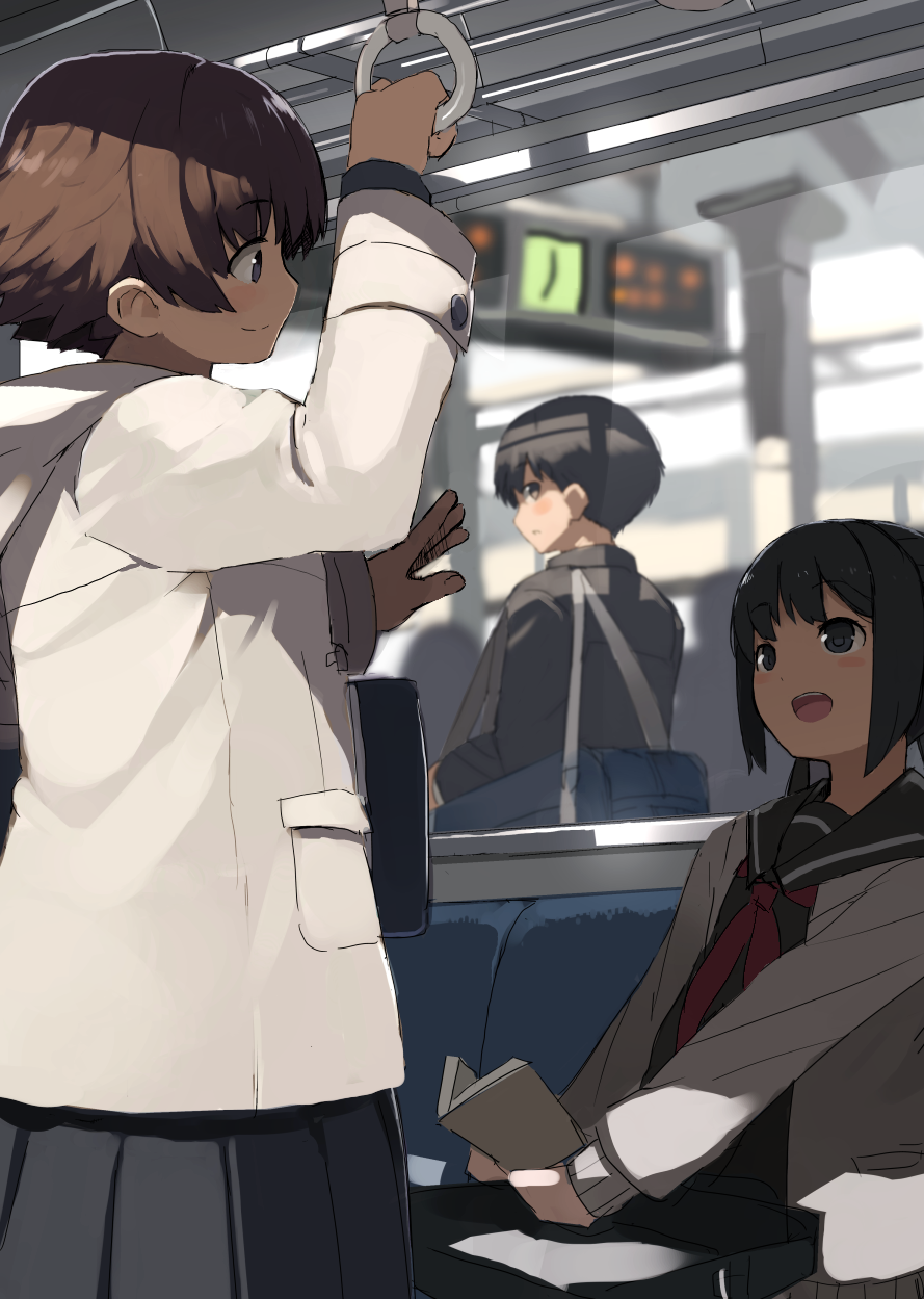 2girls, black_eyes, black_hair, blurry, blush, book, brown_hair, cardigan