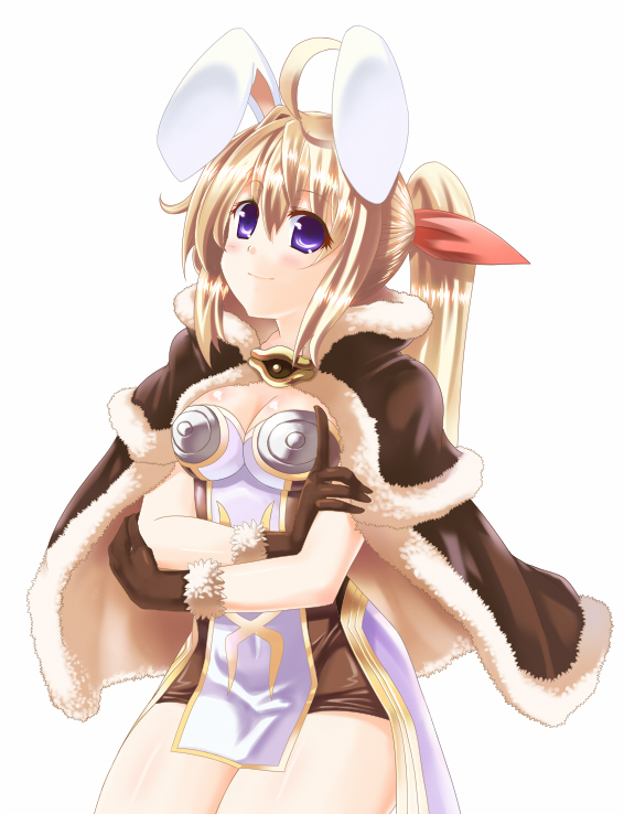 blonde_hair, breasts, bunny_ears, capelet, chibi_(nekomimimi), cleavage, fake_animal_ears, gloves