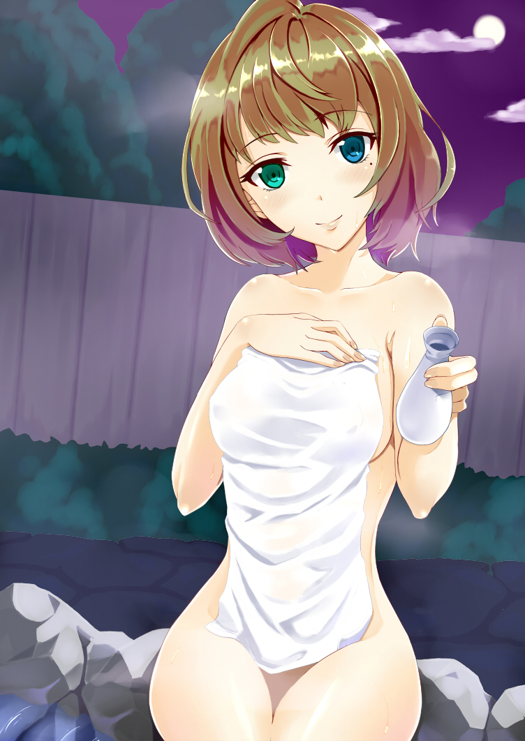 bad_id, bare_shoulders, heterochromia, idolmaster, idolmaster_cinderella_girls, mole, nude, onsen, short_hair, smile, solo, takagaki_kaede, wet, yuu_(archaic_smile)