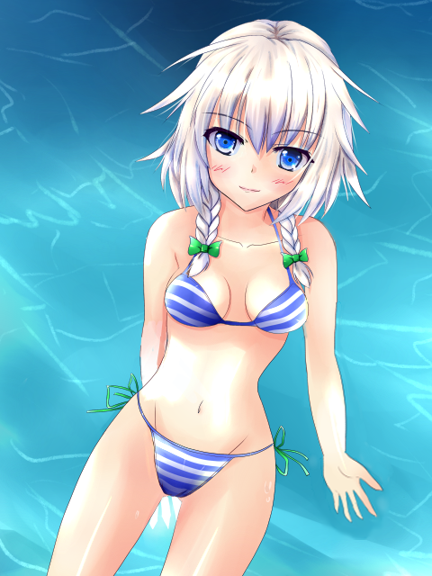 bad_id, bikini, blue_eyes, braid, izayoi_sakuya, kaima, short_hair, silver_hair