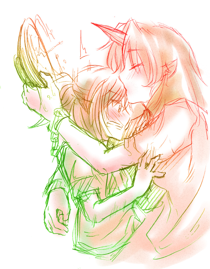 closed_eyes, colored_pencil_(medium), eyes_closed, forehead_kiss, gradient, highres, horn, hoshiguma_yuugi, kiss, meema, mizuhashi_parsee, multiple_girls, pointy_ears, sakazuki, sake, spilling, surprised, touhou, traditional_media, yuri