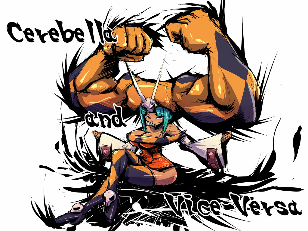 aqua_hair, bare_shoulders, boots, breasts, cerebella_(skullgirls), character_name, cleavage, crossed_legs