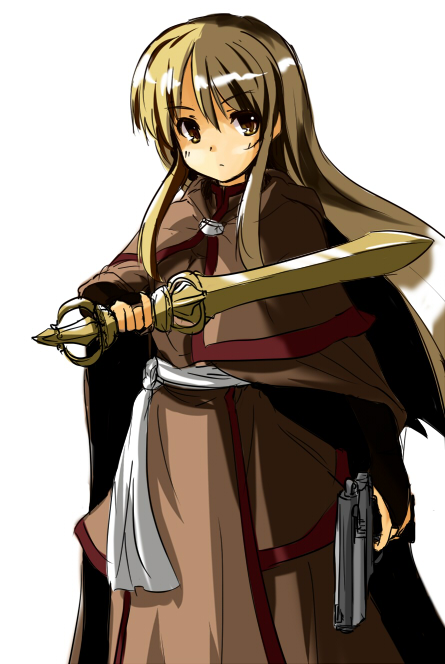 brown_hair, copyright_request, gun, long_hair, megami_tensei, megami_tensei_ii, simple_background, solo, weapon, white_background, yu-ves