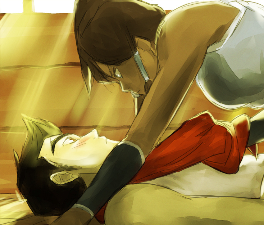1girl, avatar_legends, bare_shoulders, black_hair, blue_eyes, blush, breasts, brown_hair