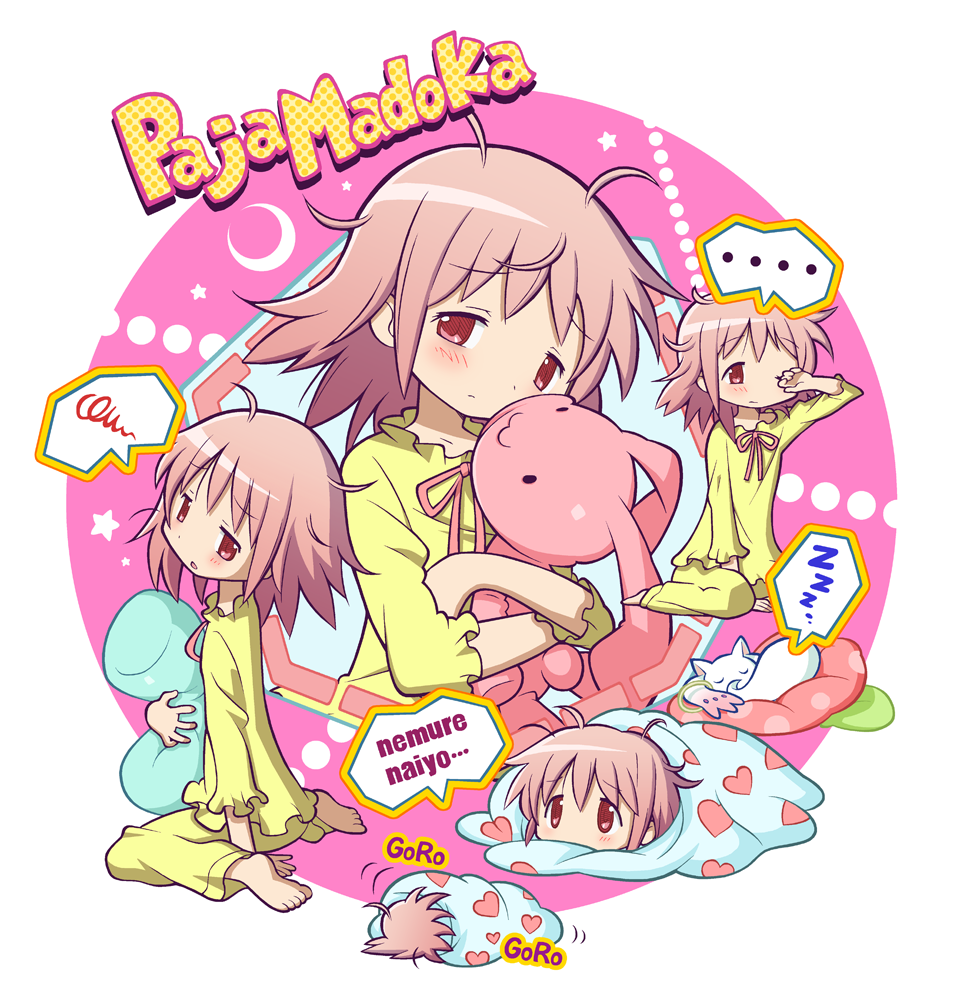 barefoot, blush, closed_eyes, connect_(madoka_magica), creature, crescent, doll_hug, eyes_closed