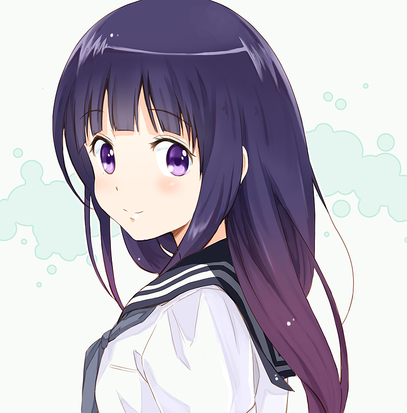 black_hair, blush, bust, chitanda_eru, face, gradient_hair, hyouka, kaya_(c14), long_hair, looking_at_viewer, multicolored_hair, neckerchief, purple_eyes, purple_hair, school_uniform, serafuku, smile, solo, violet_eyes