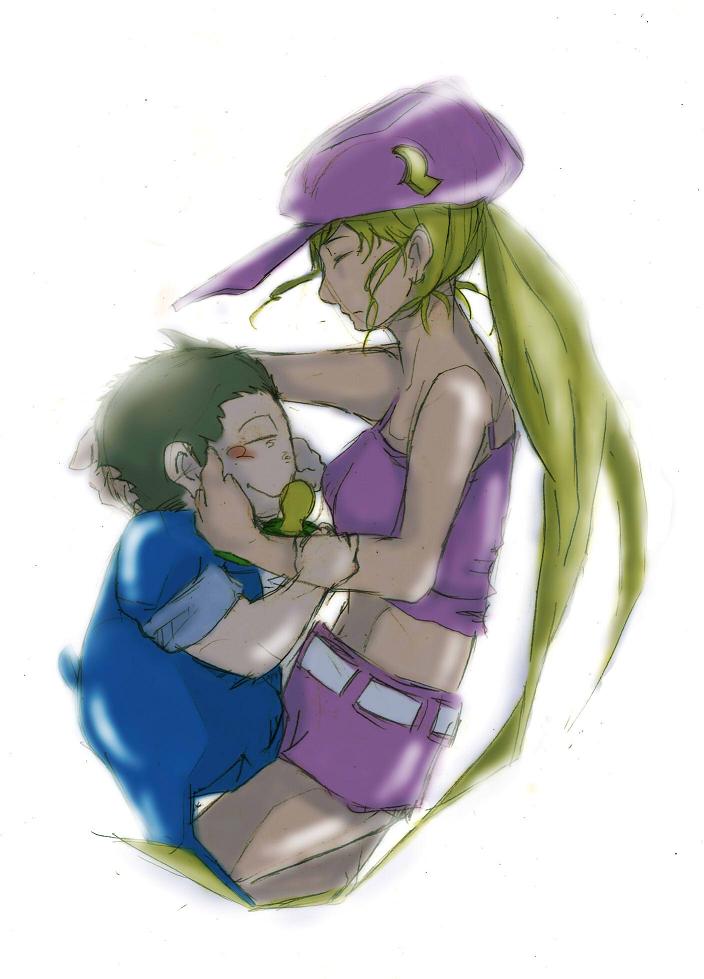 1boy, 1girl, baby, bare_shoulders, baseball_cap, blonde_hair, blush_stickers, brown_hair, closed_eyes, cousins, crop_top, dixie_kong, donkey_kong_country, donkey_kong_country_2, donkey_kong_country_3, eyes_closed, hat, ichi_(roumadao), kiddy_kong, long_hair, midriff, pacifier, personification, ponytail, shorts, very_long_hair