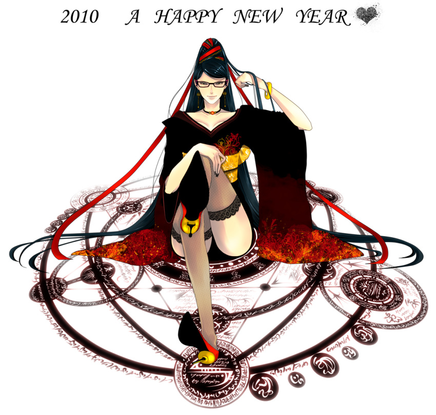 bayonetta, bayonetta_(character), black_hair, black_legwear, bracelet, butterfly, choker, collarbone