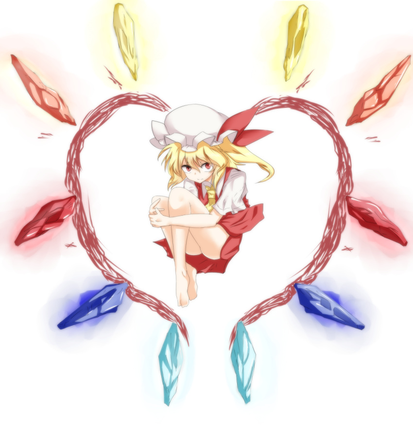 ascot, asvin, bare_legs, barefoot, blonde_hair, fetal_position, flandre_scarlet, hat