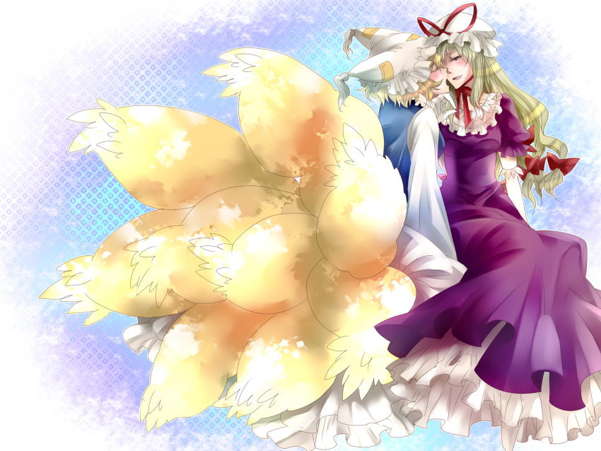 blonde_hair, blush, closed_eyes, dress, eyes_closed, fox_tail, fukiyu_(fhxyhky), hat