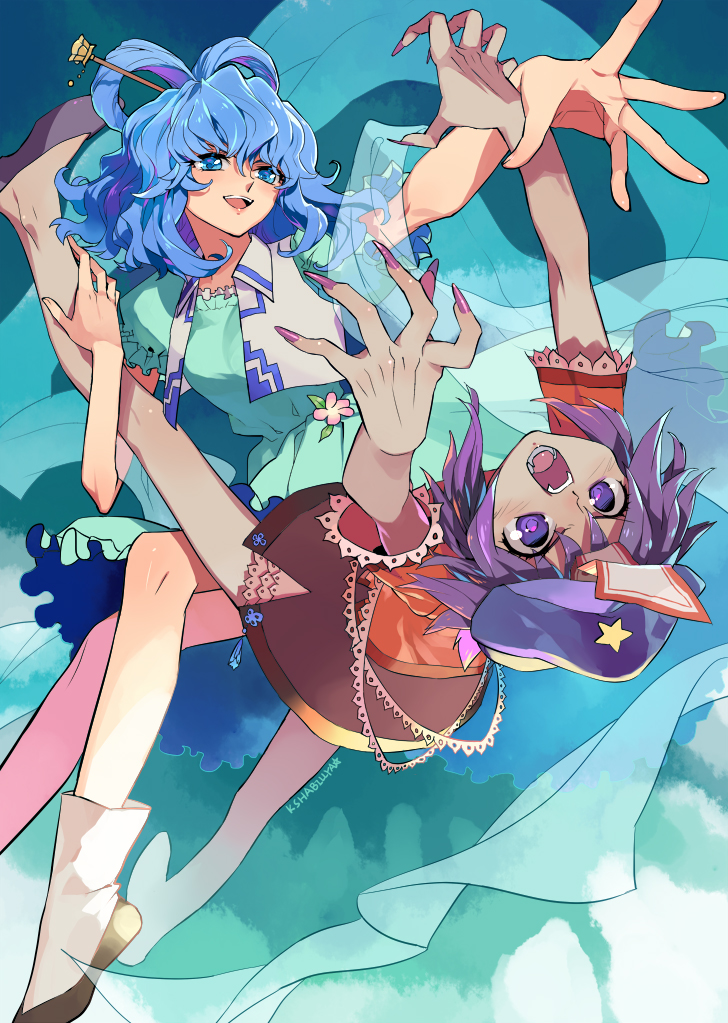 artist_name, blue_eyes, blue_hair, dress, fangs, fingernails, flower, hair_rings
