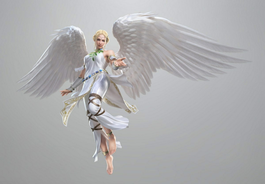 3d, angel_(tekken), angel_wings, anklet, bare_shoulders, barefoot, blonde_hair, circlet