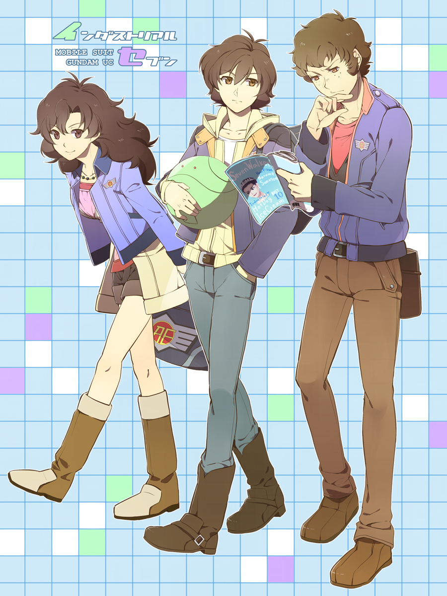 2boys, banagher_links, boots, brown_eyes, brown_hair, card, denim_jacket, gundam