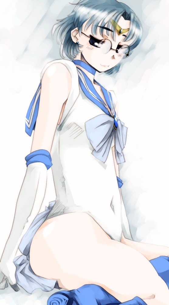 bare_shoulders, bishoujo_senshi_sailor_moon, blue_eyes, blue_hair, boots, bow, choker, clothed_navel