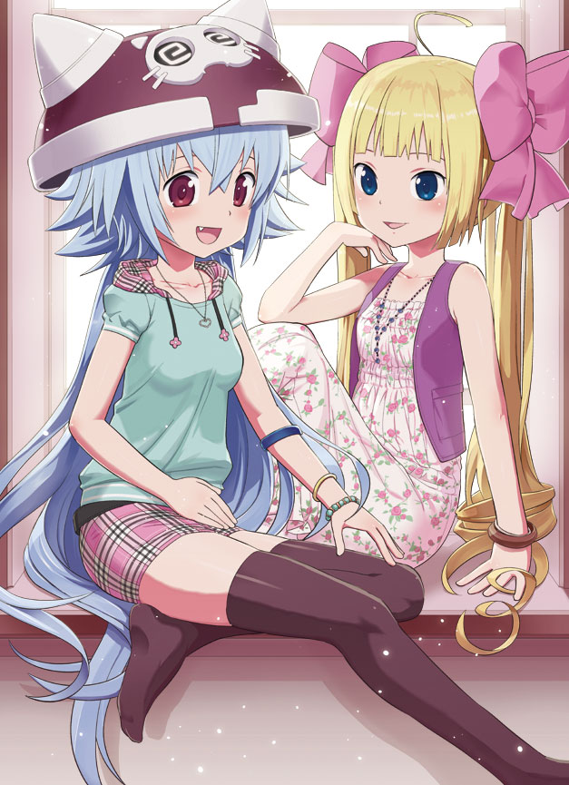 :d, black_legwear, blonde_hair, blue_hair, blush, bow, bracelet, character_request