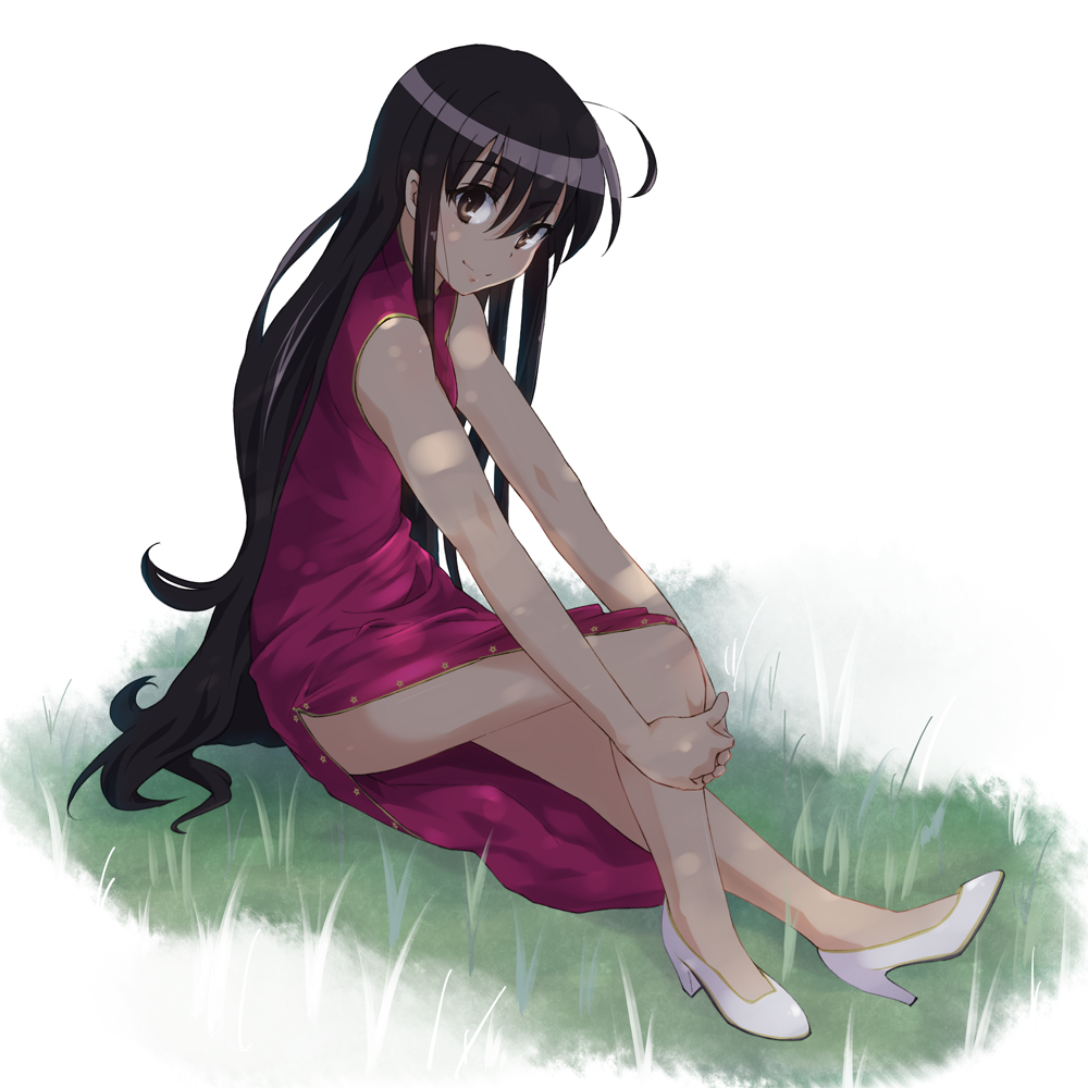 black_hair, brown_eyes, china_dress, chinese_clothes, grass, high_heels, long_hair, mokkei