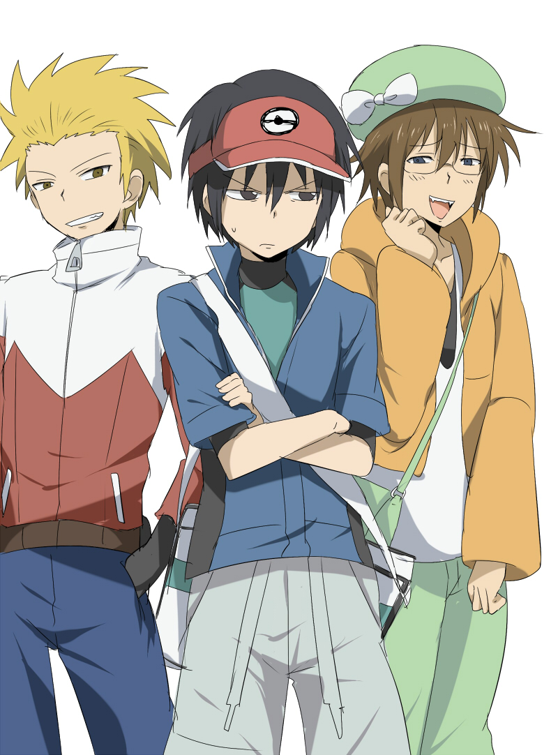 3boys, angry, bel_(pokemon), bel_(pokemon)_(cosplay), black_hair, blonde_hair, brown_eyes, brown_hair, cosplay, crossdressinging, crossed_arms, danshi_koukousei_no_nichijou, glasses, grin, hue_(pokemon), hue_(pokemon)_(cosplay), irino_miyu, jacket, kyouhei_(pokemon), kyouhei_(pokemon)_(cosplay), male_protagonist_(pokemon_bw2), male_protagonist_(pokemon_bw2)_(cosplay), maruki_(punchiki), multiple_boys, open_mouth, pokemon, pokemon_(game), pokemon_bw, pokemon_bw2, raglan_sleeves, rival_(pokemon_bw2), rival_(pokemon_bw2)_(cosplay), seiyuu_connection, short_hair, smile, sweatdrop, tabata_hidenori, tadakuni, tanaka_yoshitake, visor_cap