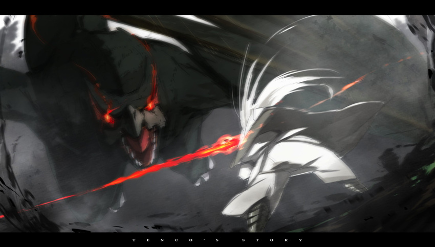 beak, claws, fangs, fisheye, glowing, glowing_eyes, highres, letterboxed