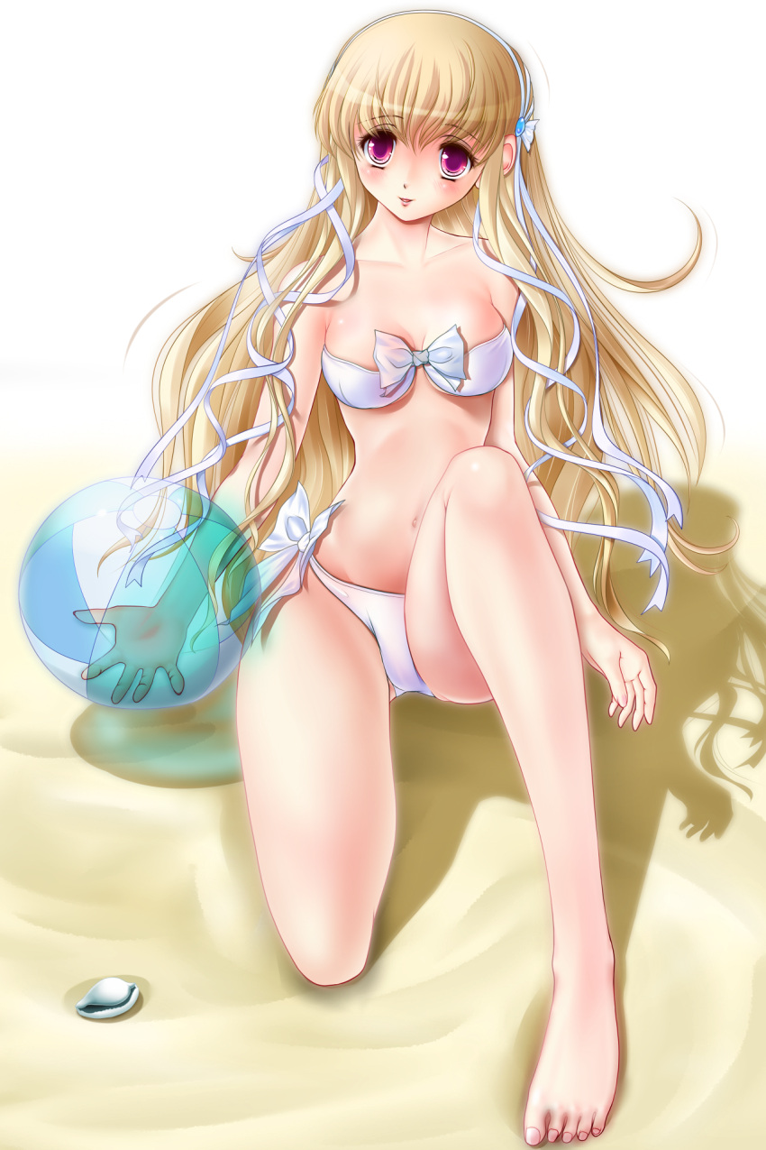 ball, beachball, bikini, blonde_hair, clarissa_satsuki_maezono, highres, honeycoming_royalsweet, long_hair, miharin, pink_eyes, ribbon, swimsuit