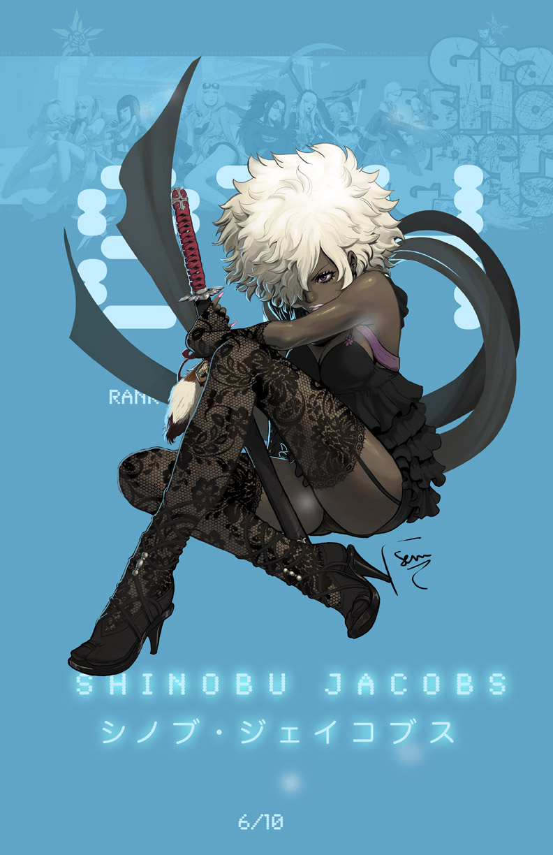 dark_skin, david_semsei, frills, garter_belt, gloves, hair_over_one_eye, highres, nail_polish