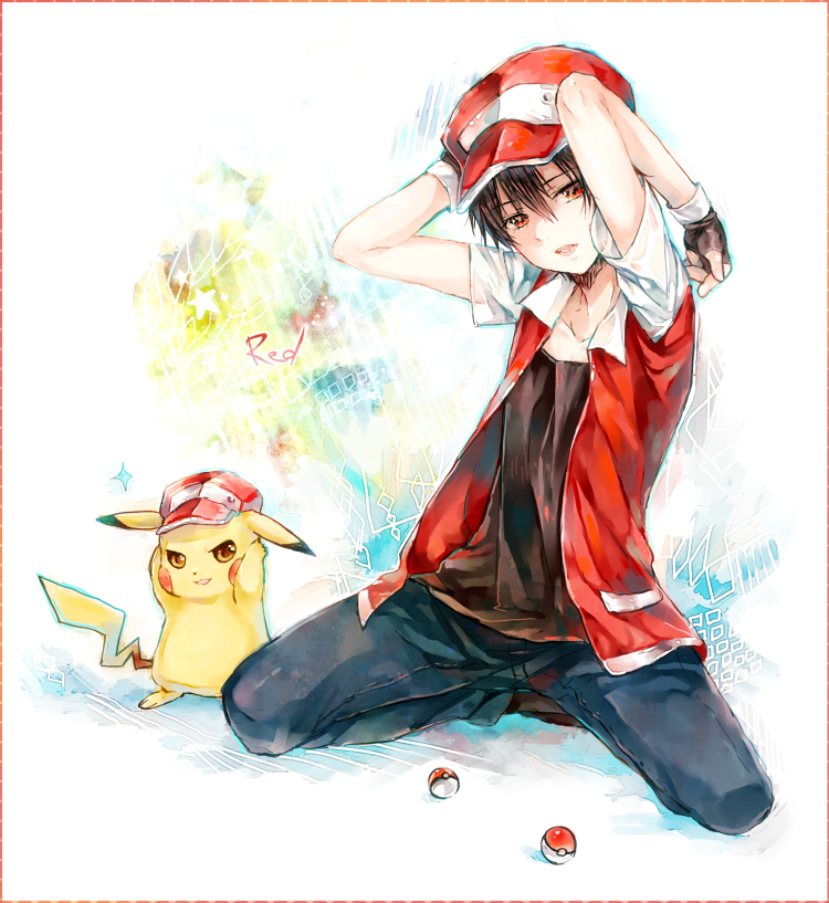 baseball_cap, brown_hair, clothed_pokemon, cosplay, fingerless_gloves, gloves, grin, hair_between_eyes, hat, jeans, kneeling, pikachu, poke_ball, pokemon, pokemon_(game), pokemon_rgby, red_(pokemon), red_(pokemon)_(classic), red_(pokemon)_(cosplay), salay, shigaraki_(strobe_blue), smile, spread_legs
