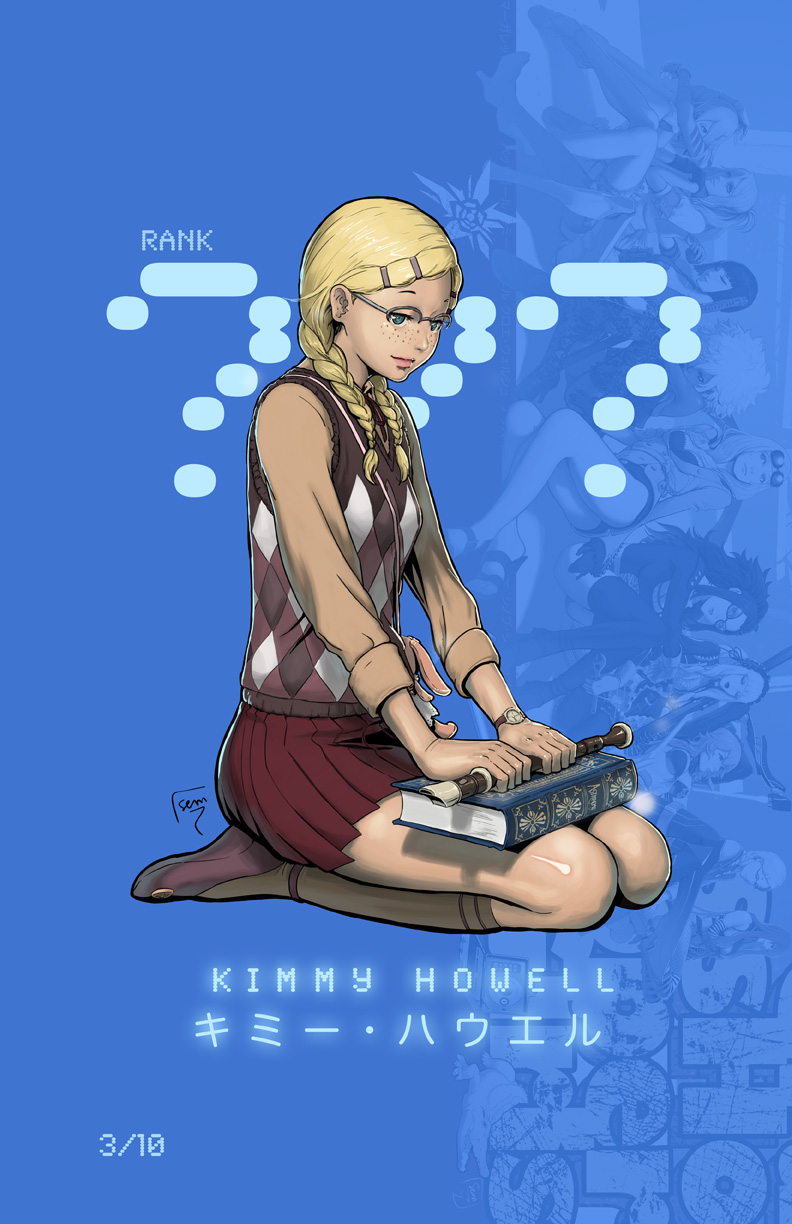 book, braid, david_semsei, flute, freckles, glasses, hair_ornament, hairpin, highres, instrument, kimmy_howell, kneeling, no_more_heroes, no_more_heroes_2, skirt