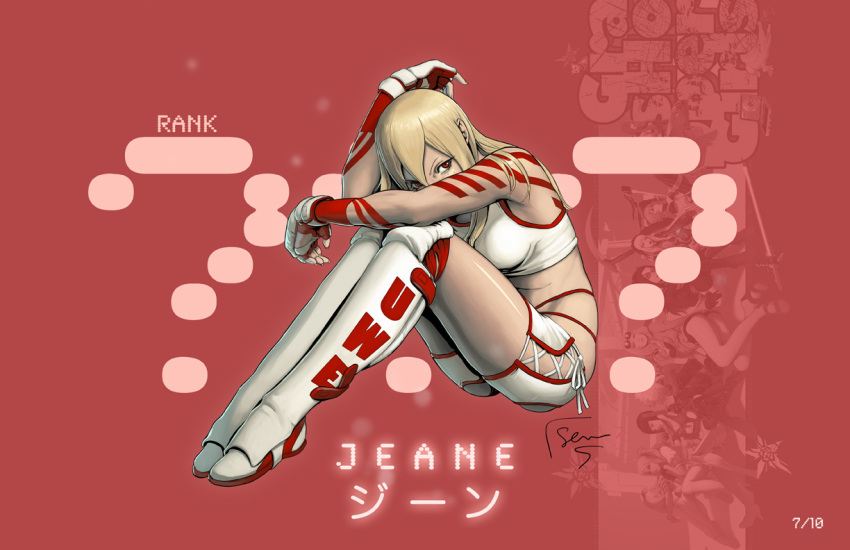 1girl, blonde_hair, boots, david_semsei, fingerless_gloves, freckles, gloves, jeane_(nmh), jeane_(no_more_heroes), knee_boots, knees_on_chest, knees_together_feet_together, laces, long_hair, markings, midriff, no_more_heroes, red_eyes, short_shorts, shorts, sitting, solo, sports_bra