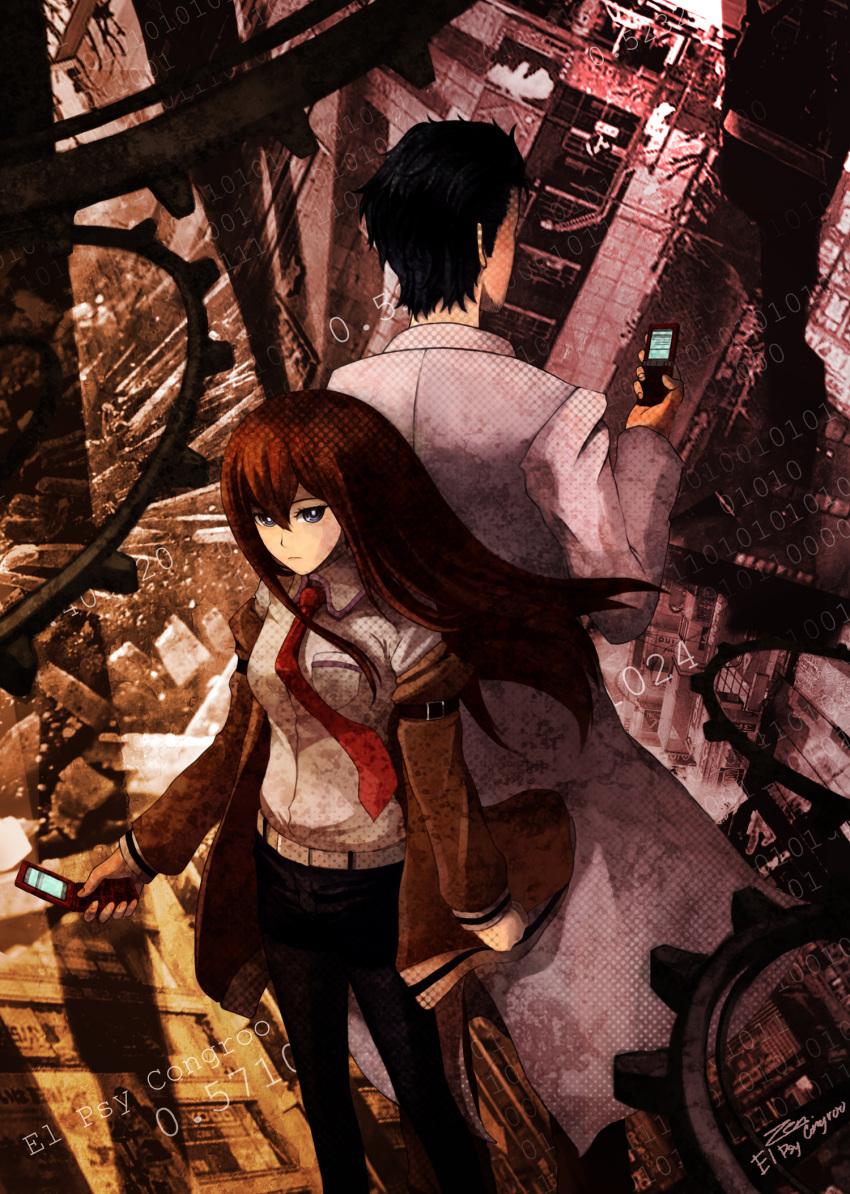 highres, jacket, labcoat, legwear_under_shorts, makise_kurisu, necktie, okabe_rintarou, pantyhose