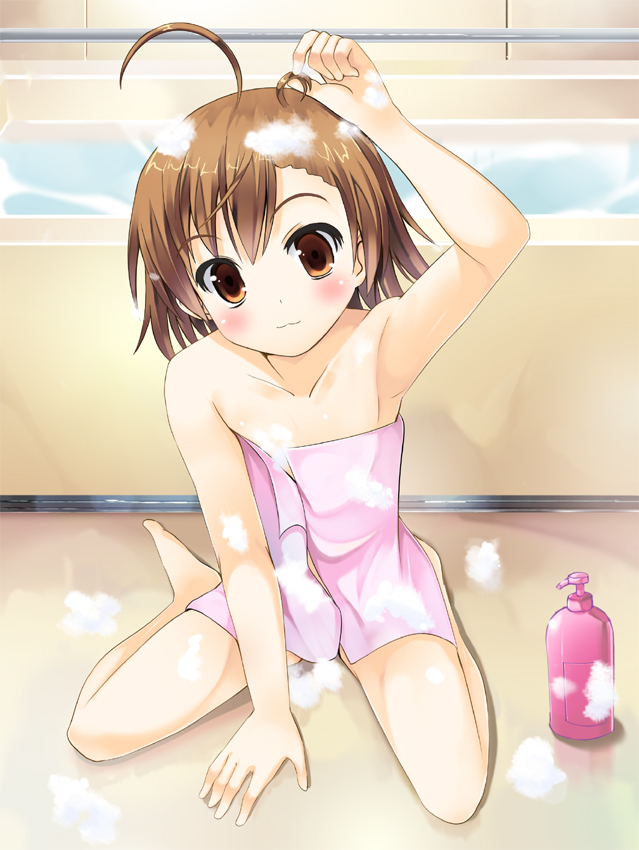 :3, adjusting_hair, ahoge, arm_support, armpits, bangs, bare_shoulders, barefoot