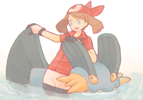 1girl, bandana, bandanna, blue_eyes, brown_hair, drawr, gloves, haruka_(pokemon)